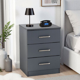 Delrion Wooden Bedside Cabinet with 3 Drawers in Dark Grey