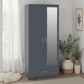 Delrion Wooden Wardrobe with 1 Glass Door 1 Drawer in Dark Grey