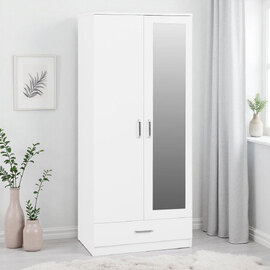 Delrion Wooden Wardrobe with 1 Glass Door 1 Drawer in White