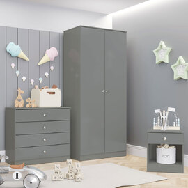 Delvian High Gloss Effect Bedroom Furniture Set with 2 Doors 5 Drawers in Grey