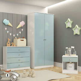 Delvian High Gloss Effect Bedroom Furniture Set with 2 Doors 5 Drawers in White and Blue