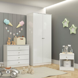 Delvian High Gloss Effect Bedroom Furniture Set with 2 Doors 5 Drawers in White