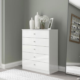 Delvian High Gloss Effect Chest Of 5 Drawers in White