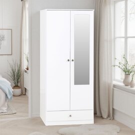 Delvian High Gloss Wardrobe With 2 Doors and 1 Drawer In White
