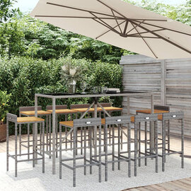 Denji Solid Wood 11 Piece Garden Bar Set In Grey Poly Rattan