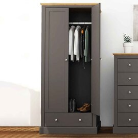 Devan Wooden Wardrobe With 2 Doors And 1 Drawer - Charcoal And Oak