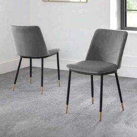 Devlune Grey Velvet Dining Chairs with Black Legs in Pair