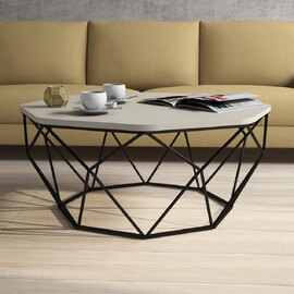 Diamond Cream Wooden Coffee Table with Black Metal Base