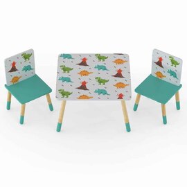 Dickson Wooden Dinosaur Pattern Table And 2 Chairs In Multicolour