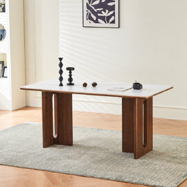 Dintaro White Sintered Stone Top Dining Table with Walnut Base