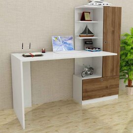 Dioren Left Handed Wooden Laptop Desk With 2 Doors In White And Walnut