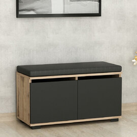 Diorno Wooden Shoe Storage Bench With 2 Flap Doors In Walnut And Black