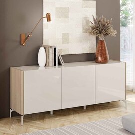 Dorian High Gloss Sideboard with 3 Doors in Tortora Lacquered and Light Oak