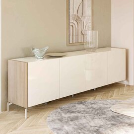 Dorian High Gloss Sideboard with 4 Doors in Tortora Lacquered and Light Oak