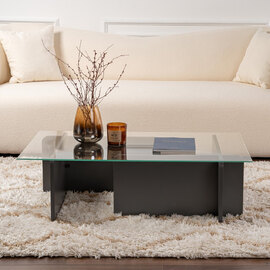 Dorvian Tempered Glass Coffee Table with Anthracite Wooden Base