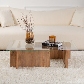 Dorvian Tempered Glass Coffee Table with Atlantic Pine Wooden Base