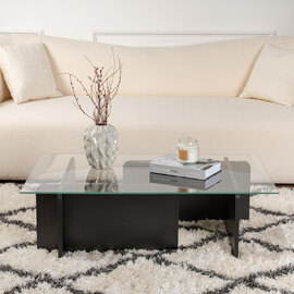 Dorvian Tempered Glass Coffee Table with Black Wooden Base