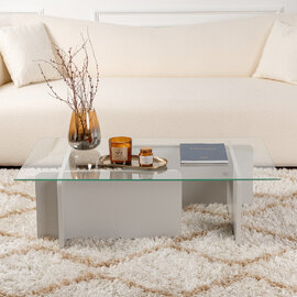 Dorvian Tempered Glass Coffee Table with Grey Wooden Base