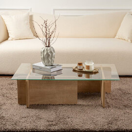 Dorvian Tempered Glass Coffee Table with Honey Oak Wooden Base