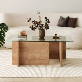 Dorvian Tempered Glass Coffee Table with Sapphire Oak Wooden Base