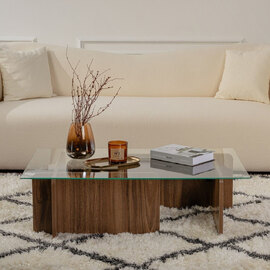 Dorvian Tempered Glass Coffee Table with Walnut Wooden Base