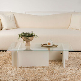 Dorvian Tempered Glass Coffee Table with White Wooden Base