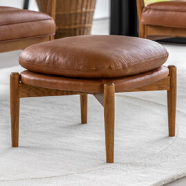 Dotson Leather Footstool With Wooden Frame In Vintage Brown