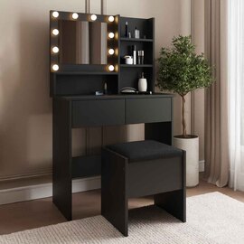Eden Wooden Dressing Table Set in Black and LED