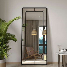 Edgea Glass Wooden Floor Full Length Mirror with Black Metal Frame