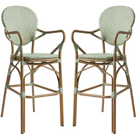 Edinburg Pastel Green Rattan Bar Stools With Wooden Frame In Pair