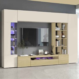 Eindhoven Wooden Entertainment Unit With Bookcase In Cashmere And Chopin Oak