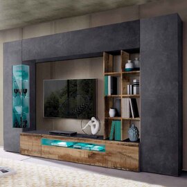 Eindhoven Wooden Entertainment Unit With Bookcase In Slate And Maple Pereira