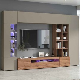 Eindhoven Wooden Entertainment Unit With Bookcase In Taupe And Wotan oak