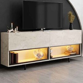 Ekol Down Wooden LED TV Stand with 2 Doors in Travertine Marble Effect