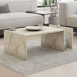 Elara Wooden Coffee Table with Magazine Rack in Travertine Marble Effect