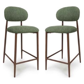 Eldoro Green Fabric Bar Chairs with Brown Legs in Pair