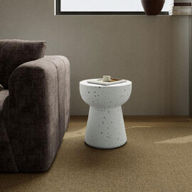 Elthora Round Fiber Cement Side Table in Matt White Terrazzo
