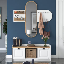 Elvano Wooden Hallway Storage Bench With Coat Rack And Mirror In Walnut White