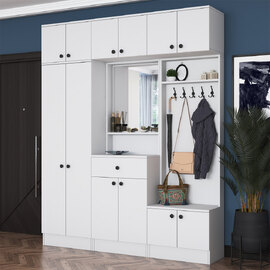 Elvano Wooden Hallway Storage Furniture With Coat Rack And Mirror In White