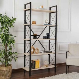 Elyon Wooden Shelving Unit with 5 Shelves in Travertine Marble Effect and Black