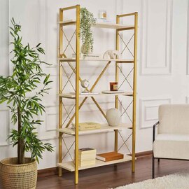 Elyon Wooden Shelving Unit with 5 Shelves in Travertine Marble Effect and Gold