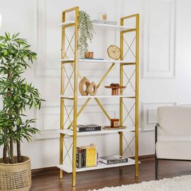 Elyon Wooden Shelving Unit with 5 Shelves in White and Gold