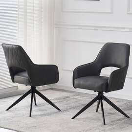 Enid Dark Grey PU Leather Dining Chairs With Black Legs In Pair