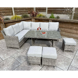 Enola Glass Top Garden Corner Dining Set With Firepit In Grey