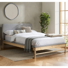 Enumclaw Fabric Double Bed With Wooden Frame In Grey And Oak