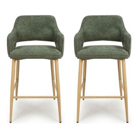 Eureka Green Fabric Bar Chairs with Oak Legs in Pair