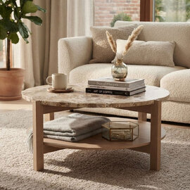Evandro Matt Latte Brown Lacquered Marble Top Coffee Table with White Oak Base