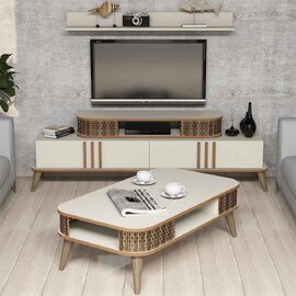 Eylul Wooden Entertainment Unit and Coffee Table Set in Cream and Oak