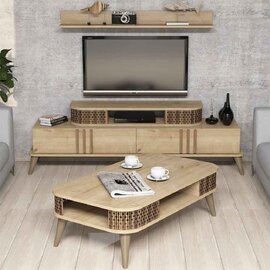 Eylul Wooden Entertainment Unit and Coffee Table Set in Oak