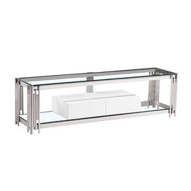 Falan Clear Glass TV Stand With White High Gloss Drawer